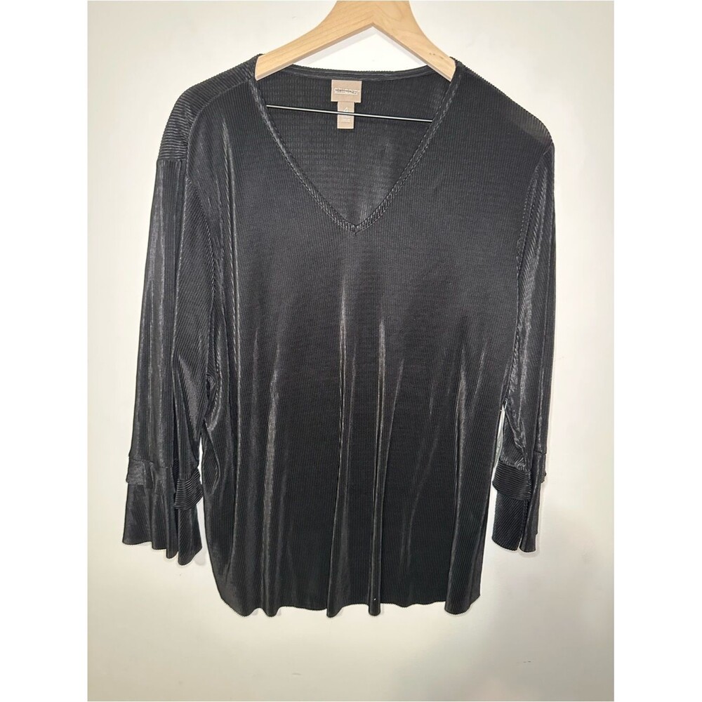 Chico’s Women’s Soft Ruffle Sleeves Top SZ 3 V Neck 3/4 Sleeves Pullover Black